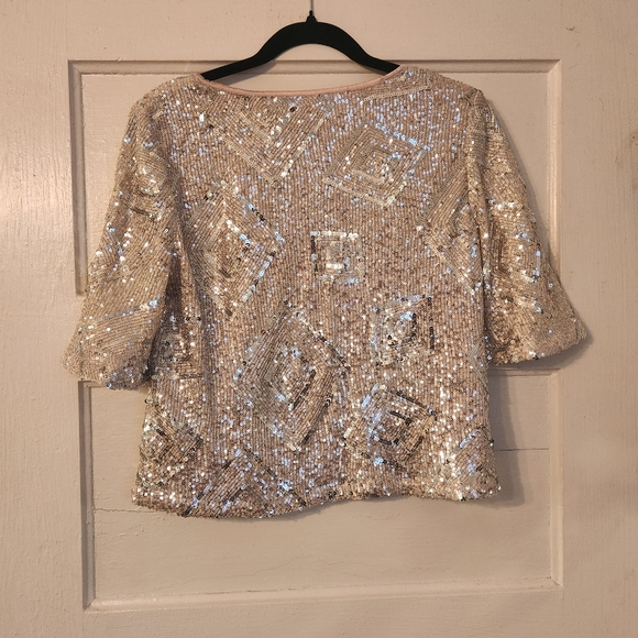 Skies Are Blue Top, Silver Sequined Cropped, Sz Small EUC Party, Cocktail, Club - Picture 8 of 14